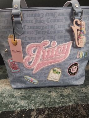 Juicy Couture Powder Blue Tote with Pink Logo Patches